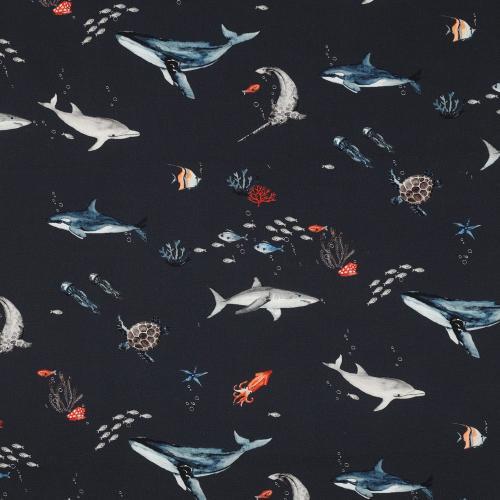 Fine poplin digital Ocean animals, navy