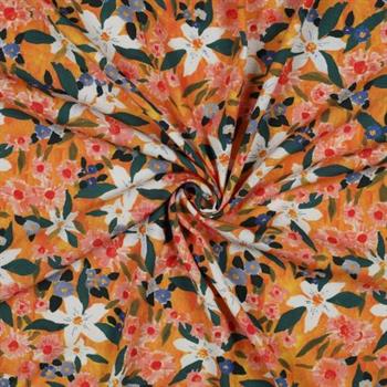 Viscose poplin Stretch Digital Flowers, Orange