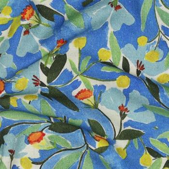 Linen viscose Crepe Digital Flowers, Cobalt