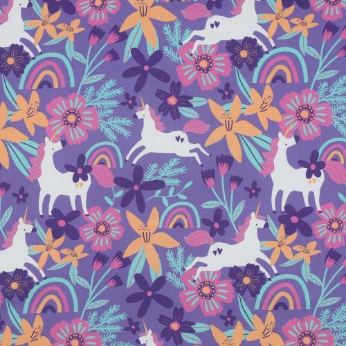 Fine poplin Flowers and Unicorns, Lavender