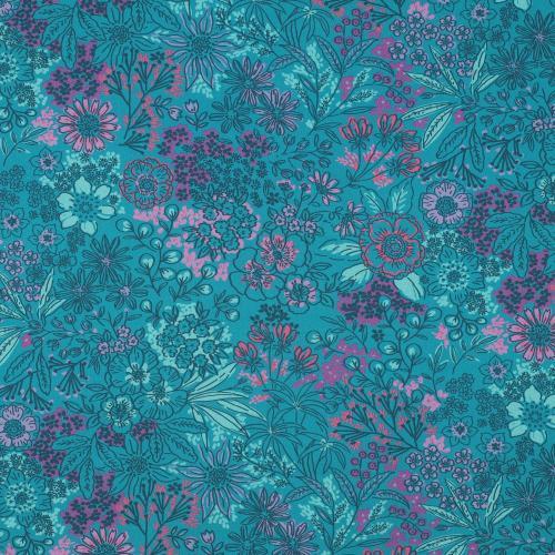 Fine poplin digital Flowers, Petrol