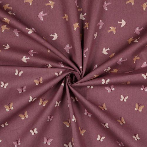 Bomuld/poplin Gots Birds og Butterflies, Wine red