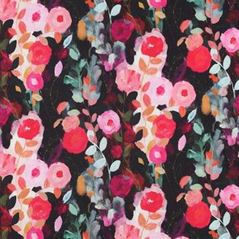 Viscose satin digital Flowers, Black