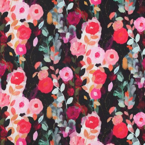 Viscose satin digital Flowers, Black