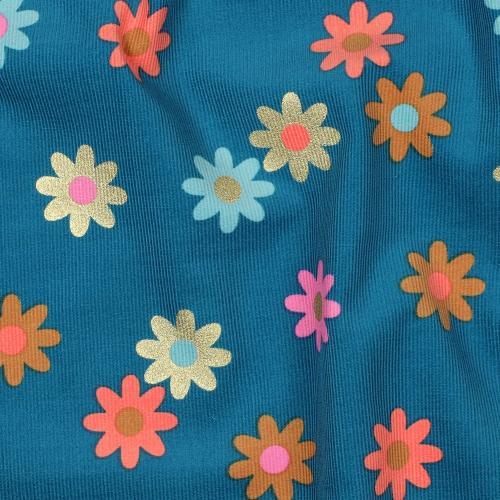 Babycord foil Flowers, Petrol