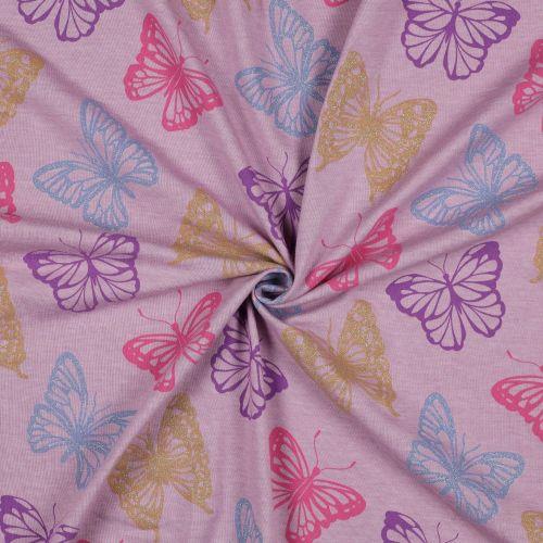Jersey melange glitter Butterflies, Lilac