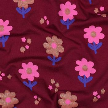 Økotex bomulds jersey Glitter Flowers, Bordeaux