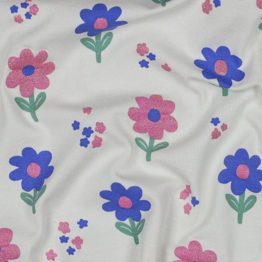 Økotex bomulds jersey Glitter Flowers, Off white