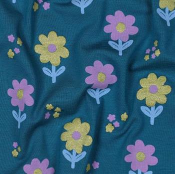 Økotex bomulds jersey Glitter Flowers, Petrol
