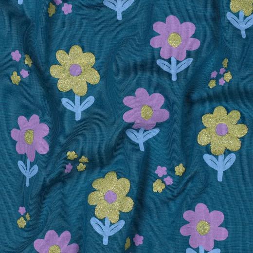 Økotex bomulds jersey Glitter Flowers, Petrol