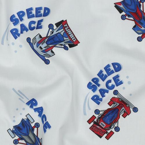 Fine poplin digital Race cars, White