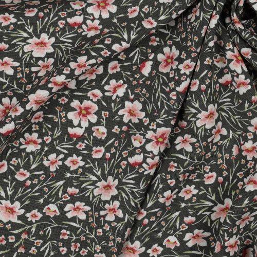 Viscose poplin stretch Flowers, Army green