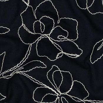 Linen viscose Embroidery Flowers, Navy