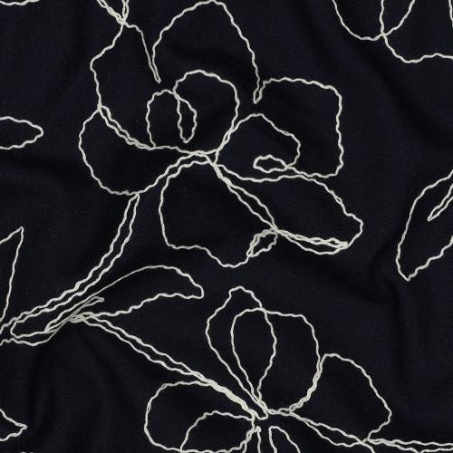 Linen viscose Embroidery Flowers, Navy
