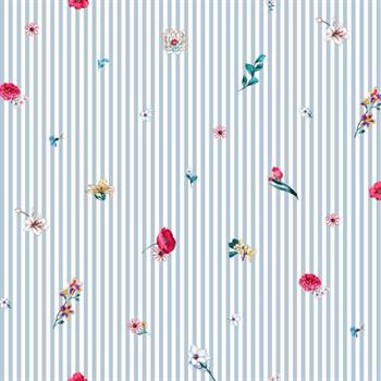 Poplin digital Flowers with stripes, Baby blue