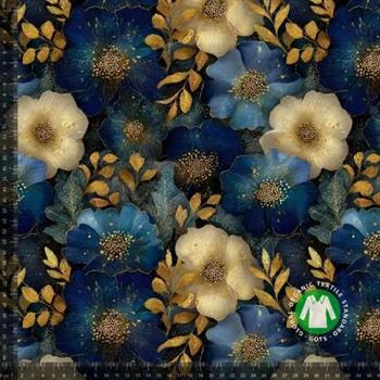 Økotex bomulds jersey, Blå og guld blomst